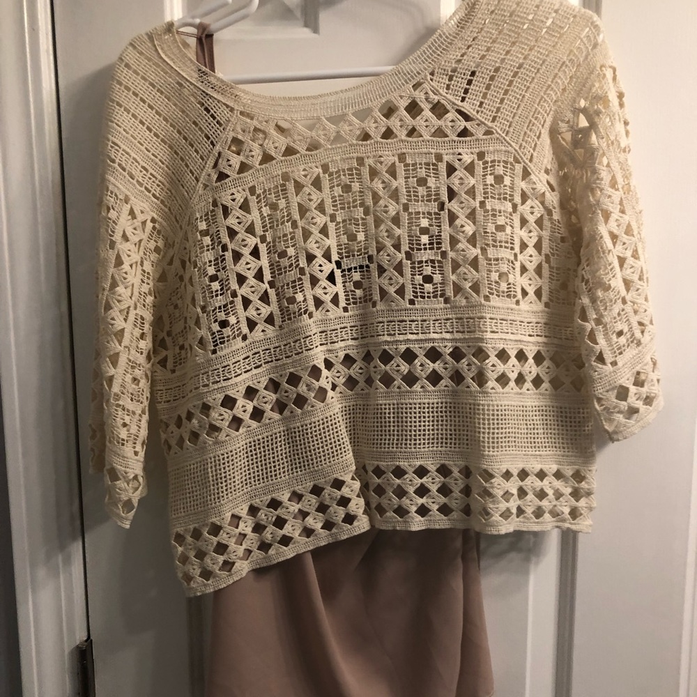 Layered top. Crochet overlay with blush silk cami